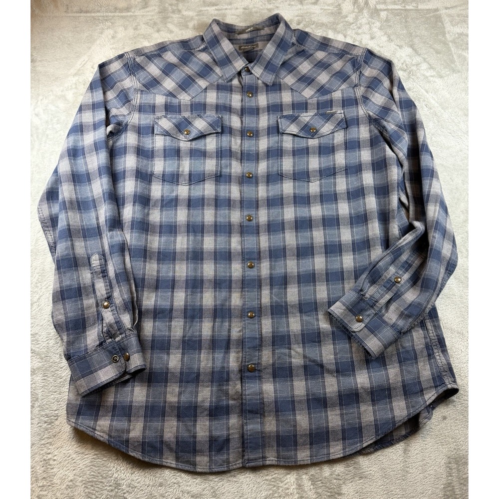 Eddie Bauer Shirt Men's Western Tall X-Large Blue Gray Plaid Pearl Snap